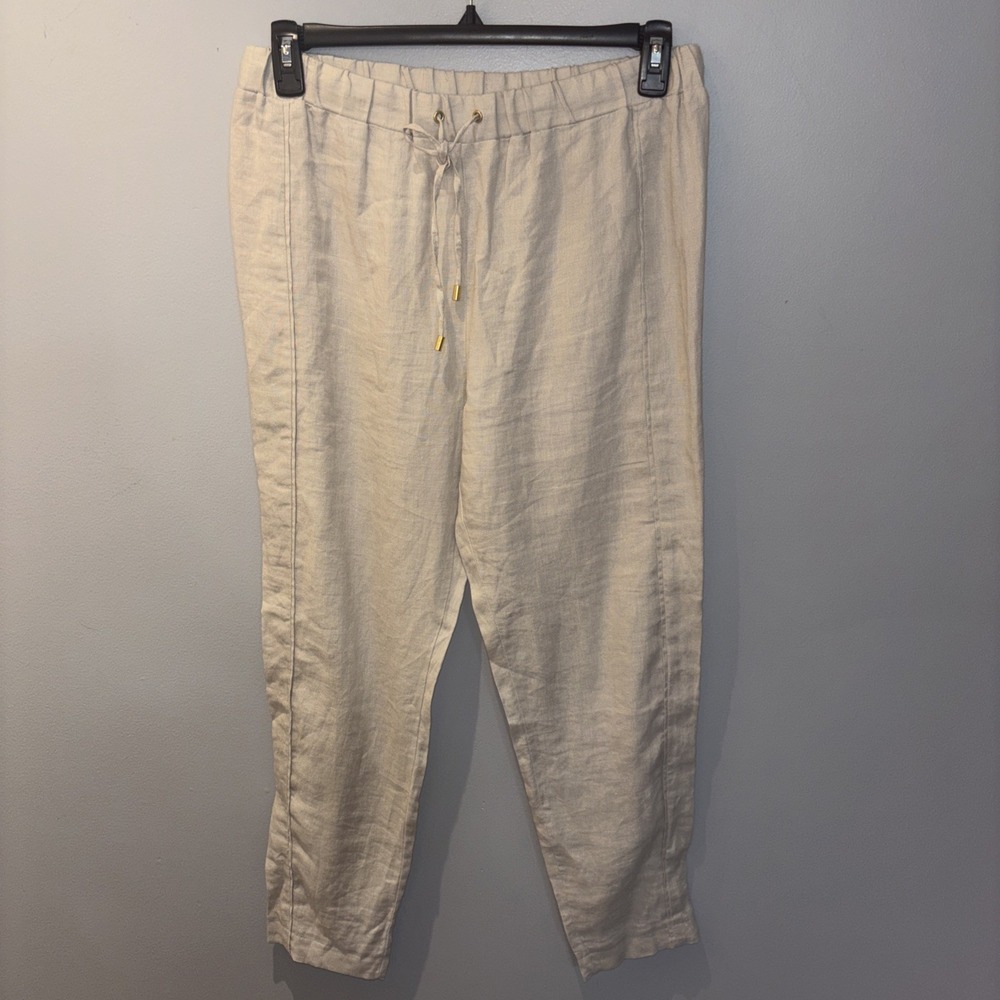 Ellen Tracy Pants Women M Beige Hi Rise Side Panel Elastic Waist Linen Office